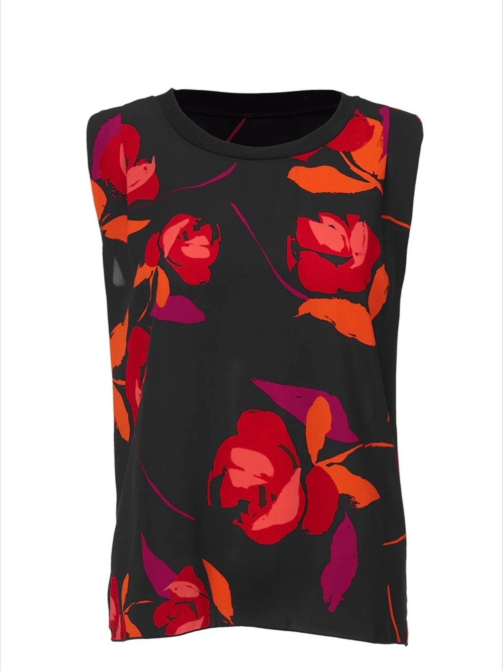 CAbi Black Sleeveless Floral Shell with Red & Orange Blooms
